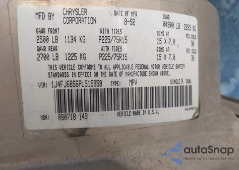 1993 Jeep Cherokee Sport z USA, uszkodzony, nr VIN 1J4FJ68S6PL515958